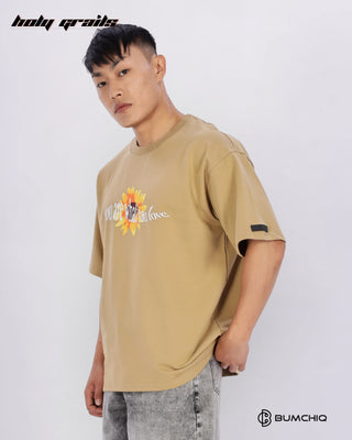 Guy in Streetwear Style 'Always Here' Beige 240 GSM 100% Terry Cottob Oversize Graphic T-Shirt HG x Bumchiq - Side 1