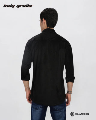 Guy in Streetwear Style 'Black Dobby' Pattern Cotton Double Pocket Full Sleeve Slim Fit Solid Shirt HG x Bumchiq - Back