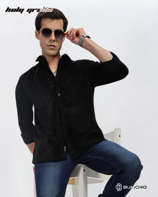 Guy in Streetwear Style 'Black Dobby' Pattern Cotton Double Pocket Full Sleeve Slim Fit Solid Shirt HG x Bumchiq - Front