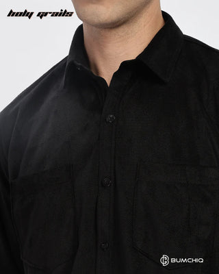 Guy in Streetwear Style 'Black Twill' Pattern Cotton Double Pocket Full Sleeve Solid Shirt HG x Bumchiq - Front Close Up