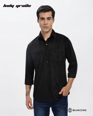 Guy in Streetwear Style 'Black Twill' Pattern Cotton Double Pocket Full Sleeve Solid Shirt HG x Bumchiq - Front