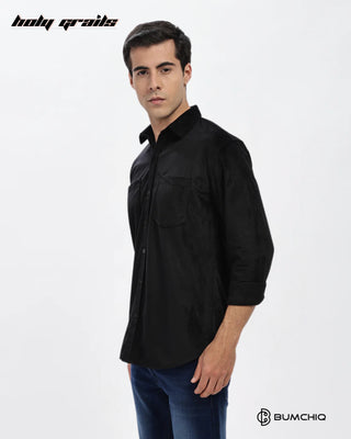 Guy in Streetwear Style 'Black Twill' Pattern Cotton Double Pocket Full Sleeve Solid Shirt HG x Bumchiq - Side 1