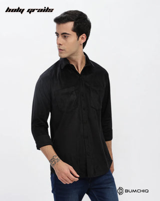 Guy in Streetwear Style 'Black Twill' Pattern Cotton Double Pocket Full Sleeve Solid Shirt HG x Bumchiq - Side 2