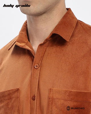 Guy in Streetwear Style 'Brown Twill' Pattern Cotton Double Pocket Slim Fit Full Sleeve Solid Shirt HG x Bumchiq - Front Close Up