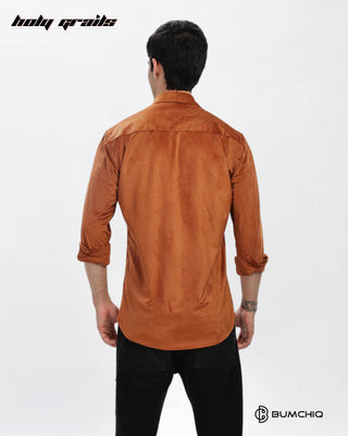 Guy in Streetwear Style 'Brown Twill' Pattern Cotton Double Pocket Slim Fit Full Sleeve Solid Shirt HG x Bumchiq - Back