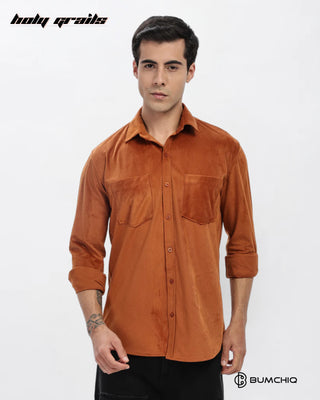 Guy in Streetwear Style 'Brown Twill' Pattern Cotton Double Pocket Slim Fit Full Sleeve Solid Shirt HG x Bumchiq - Front