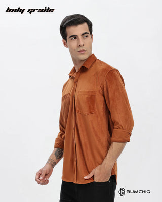 Guy in Streetwear Style 'Brown Twill' Pattern Cotton Double Pocket Slim Fit Full Sleeve Solid Shirt HG x Bumchiq - Side 1