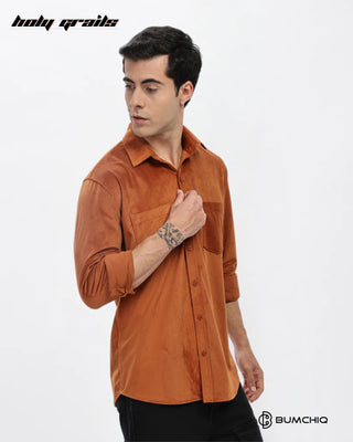 Guy in Streetwear Style 'Brown Twill' Pattern Cotton Double Pocket Slim Fit Full Sleeve Solid Shirt HG x Bumchiq - Side 2