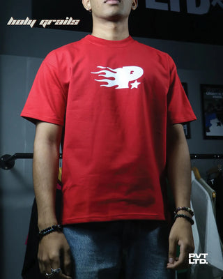 Guy in Streetwear Style 'Call Me' Red 260 GSM 100% Cotton Boxy Fit T-Shirt HG x Pvt Ltd - Front