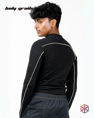 Guy in Streetwear Style 'Charcoal Cream' black bodyfit 300 GSM Cotton Lycra 1x1 Ribbed Knit Zip Top HG x Duskin - Back