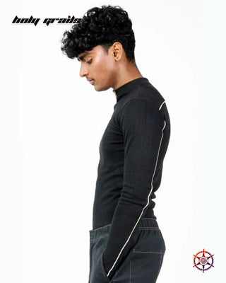 Guy in Streetwear Style 'Charcoal Cream' black bodyfit 300 GSM Cotton Lycra 1x1 Ribbed Knit Zip Top HG x Duskin - Side