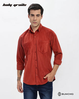 Guy in Streetwear Style 'Cherry Dobby' Pattern Red Cotton Double Pocket Full Sleeve Solid Shirt HG x Bumchiq - Front