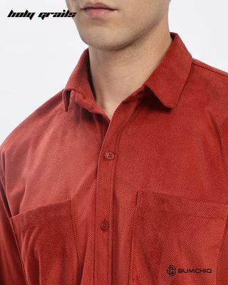 Guy in Streetwear Style 'Cherry Dobby' Pattern Red Cotton Double Pocket Full Sleeve Solid Shirt HG x Bumchiq - Front Close Up