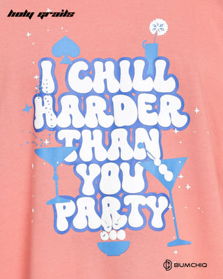 Guy in Streetwear Style 'Chill Coral' Pink 350-370 GSM Puff Print Oversize Graphic Hoodie HG x Bumchiq - Back Print Close Up 