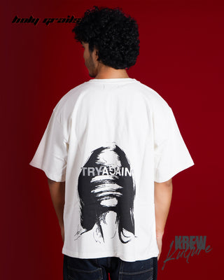 Guy in Streetwear Style 'Destroyed By The World' Off-White French Terry Cotton 240 GSM Tee-Shirt - Back
