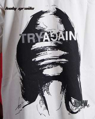 Guy in Streetwear Style 'Destroyed By The World' Off-White French Terry Cotton 240 GSM Tee-Shirt - Back Closeup