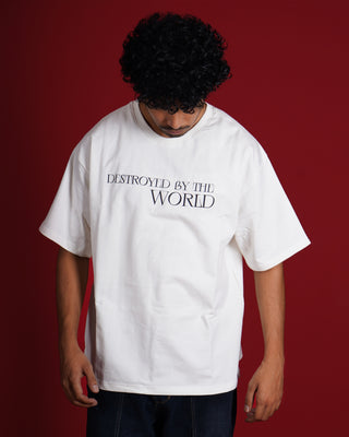 Guy in Streetwear Style 'Destroyed By The World' Off-White French Terry Cotton 240 GSM Tee-Shirt - Front