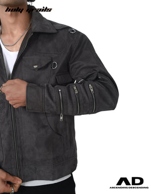 Guy in Streetwear Style 'Dirty Money' Black Suede Leater Jacket with 20 + Pockets HG x Ascending Descending - Front Close 1