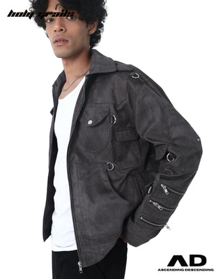 Guy in Streetwear Style 'Dirty Money' Black Suede Leater Jacket with 20 + Pockets HG x Ascending Descending - Front Side