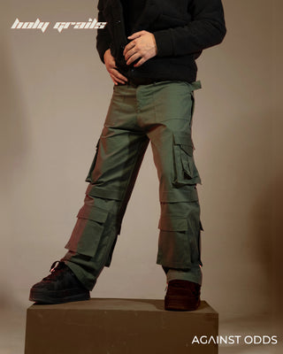 Guy in Streetwear Style 'Dk Green' 320 GSM 100% Cotton Baggy Cargo Pant HG x Against Odds - Front Side 2