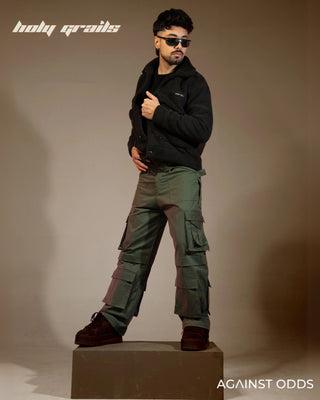 Guy in Streetwear Style 'Dk Green' 320 GSM 100% Cotton Baggy Cargo Pant HG x Against Odds - Front Side 2 Full