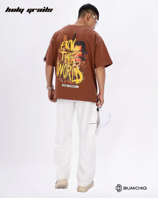 Guy in Streetwear Style 'FCK World' Brown 240 GSM 100% Terry Cotton Oversize Graphic T-Shirt HG x Bumchiq - Back Full