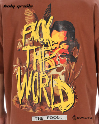 Guy in Streetwear Style 'FCK World' Brown 240 GSM 100% Terry Cotton Oversize Graphic T-Shirt HG x Bumchiq - Back Print Close Up
