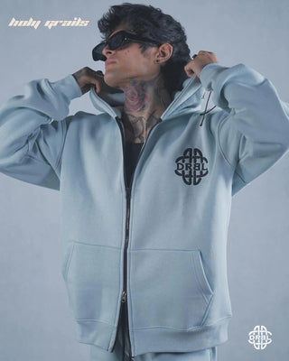 Guy in Streetwear Style 'Frosty Blue Void' 305+ GSM Cotton Fleece Fabric Hoodie & Lower Winter Co-Ord Set HG x DRBL - Front Hoodie Close 