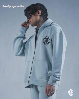 Guy in Streetwear Style 'Frosty Blue Void' 305+ GSM Cotton Fleece Fabric Hoodie & Lower Winter Co-Ord Set HG x DRBL - Side Hoodie Close 