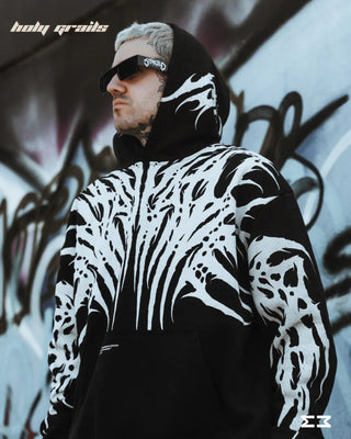 Guy in Streetwear Style 'Goth' Black & White 380 GSM 100% Cottob Graphic Oversize Hoodie HG x Jammer - Side Close