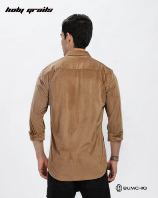 Guy in Streetwear Style 'Khaaki Dobby' Pattern Cotton Double Pocket Full Sleeve Slim Fit Solid Shirt HG x Bumchiq - Back