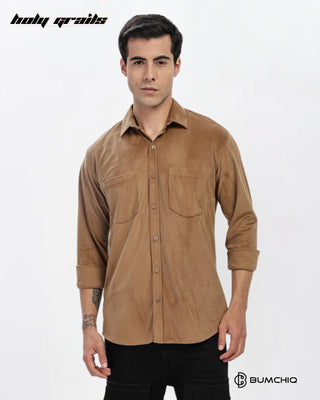 Guy in Streetwear Style 'Khaaki Dobby' Pattern Cotton Double Pocket Full Sleeve Slim Fit Solid Shirt HG x Bumchiq - Front