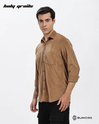 Guy in Streetwear Style 'Khaaki Dobby' Pattern Cotton Double Pocket Full Sleeve Slim Fit Solid Shirt HG x Bumchiq - Side 1