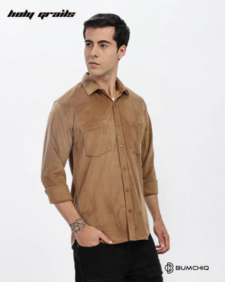 Guy in Streetwear Style 'Khaaki Dobby' Pattern Cotton Double Pocket Full Sleeve Slim Fit Solid Shirt HG x Bumchiq - Side 2