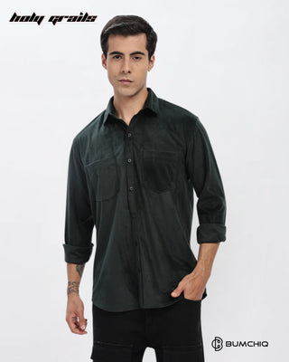 Guy in Streetwear Style 'Lavish Green Dobby' Pattern Cotton Double Pocket Full Sleeve Solid Shirt HG x Bumchiq - Front