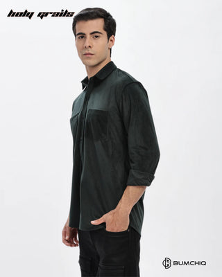 Guy in Streetwear Style 'Lavish Green Dobby' Pattern Cotton Double Pocket Full Sleeve Solid Shirt HG x Bumchiq - Side 1