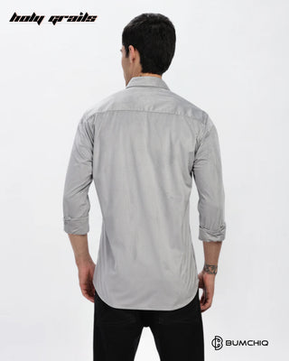 Guy in Streetwear Style 'Light Grey Twill' Pattern Cotton Double Pocket Full Sleeve Slim Fit Solid Shirt HG x Bumchiq - Back