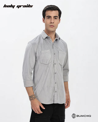 Guy in Streetwear Style 'Light Grey Twill' Pattern Cotton Double Pocket Full Sleeve Slim Fit Solid Shirt HG x Bumchiq - Side 2