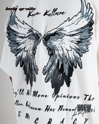 Guy in Streetwear Style 'Lord Of The Wings' White Cotton 240 GSM Tee-Shirt - Back CloseUp