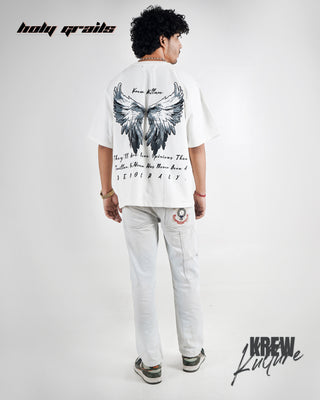 Guy in Streetwear Style 'Lord Of The Wings' White Cotton 240 GSM Tee-Shirt - Back Full