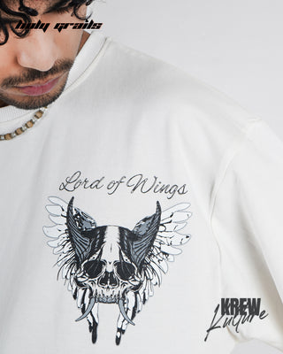 Guy in Streetwear Style 'Lord Of The Wings' White Cotton 240 GSM Tee-Shirt - Front CloseUp