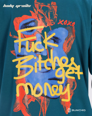 Guy in Streetwear Style 'Money Rules' Green 240 GSM 100% Terry Cotton Oversize Tee HG x Bumchiq - Back Print Close Up