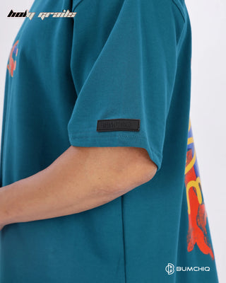 Guy in Streetwear Style 'Money Rules' Green 240 GSM 100% Terry Cotton Oversize Tee HG x Bumchiq - Sleeve Close Up