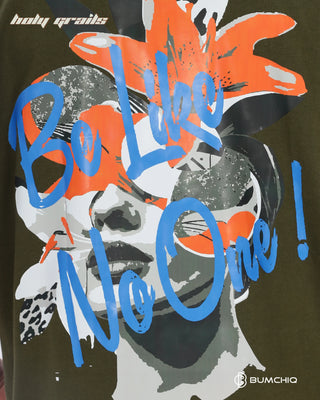 Guy in Streetwear Style 'No One' Green 240 GSM 100% Terry Cotton Oversize Graphic T-Shirt HG x Bumchiq - Back Print Close Up