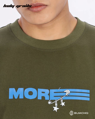 Guy in Streetwear Style 'No One' Green 240 GSM 100% Terry Cotton Oversize Graphic T-Shirt HG x Bumchiq - Front Close Up