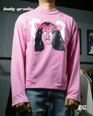 Guy in Streetwear Style 'No Time 4 Luv' Pink Full Sleeve 260 GSM French Terry Cotton T-Shirt HG x Pvt Ltd - Front