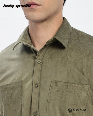 Guy in Streetwear Style 'Olive Twill' Pattern Cotton Double Pocket Full Sleeve Slim Fit Solid Shirt HG x Bumchiq - Front Close Up