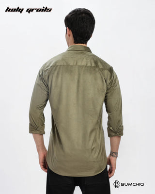 Guy in Streetwear Style 'Olive Twill' Pattern Cotton Double Pocket Full Sleeve Slim Fit Solid Shirt HG x Bumchiq - Back