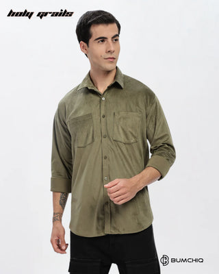 Guy in Streetwear Style 'Olive Twill' Pattern Cotton Double Pocket Full Sleeve Slim Fit Solid Shirt HG x Bumchiq - Front