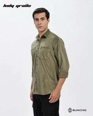 Guy in Streetwear Style 'Olive Twill' Pattern Cotton Double Pocket Full Sleeve Slim Fit Solid Shirt HG x Bumchiq - Side 1